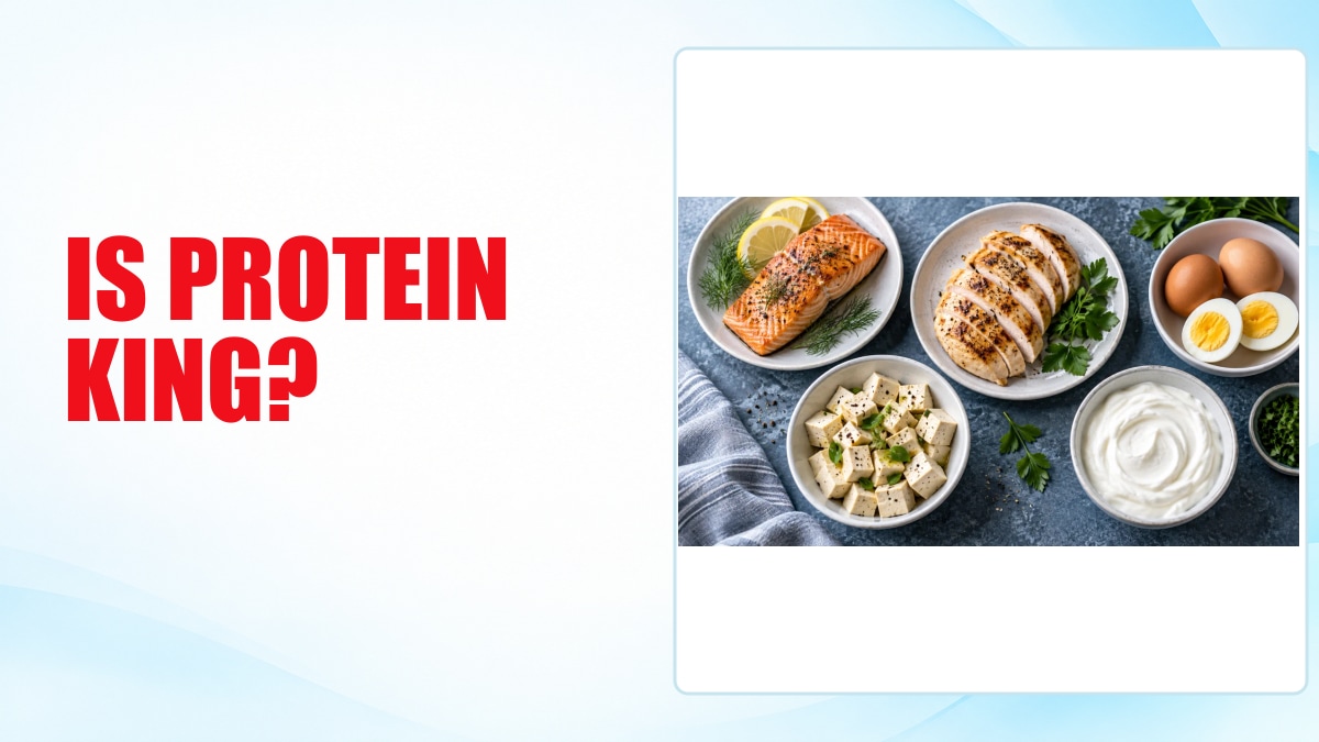 IS PROTEIN KING | Toward Health article cover - Toward Health Toward Health article cover: IS PROTEIN KING?. Salmon, chicken, eggs, tofu and yogurt arranged as examples of protein foods.