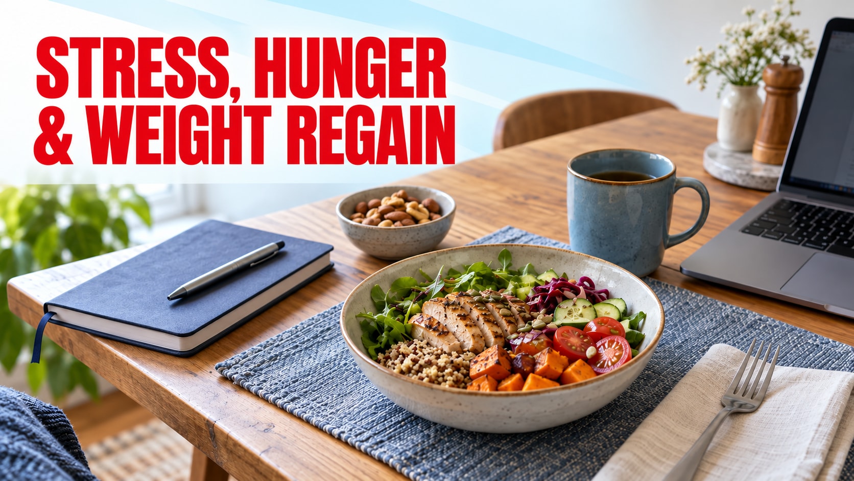 Red title Stress, Hunger and Weight Regain beside a meal and notebook on a table.