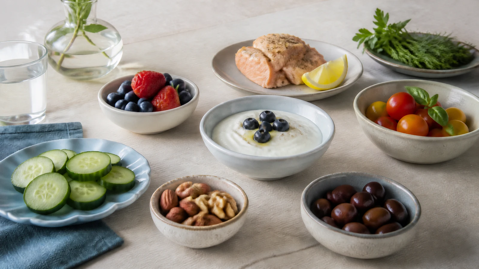 Sensory-specific satiety featured image - Toward Health Several simple foods with different flavors and textures arranged on a table