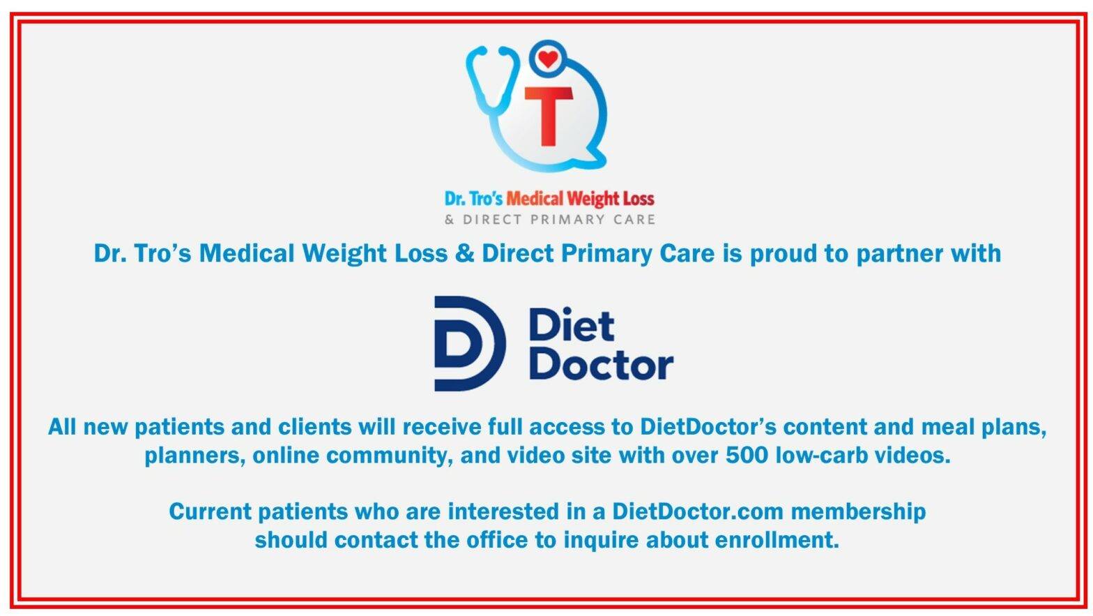 Dr. Tro’s Medical Weight Loss & Direct Primary Care Announces Partnership with Diet Doctor