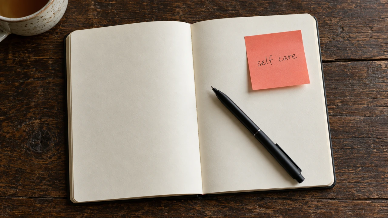 The Importance of Self-Care editorial image - Toward Health Notebook and a red self-care note on a wooden table.