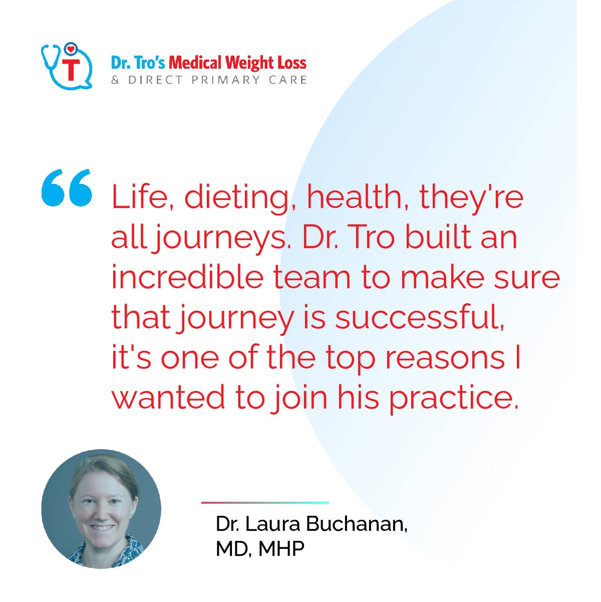Dr. Laura Buchanan’s portrait and quote about joining the practice.