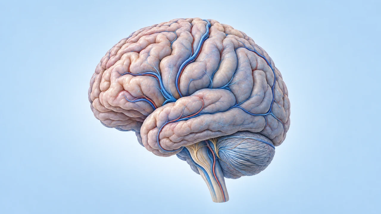 Anatomical illustration of the human brain with neural and vascular structures.