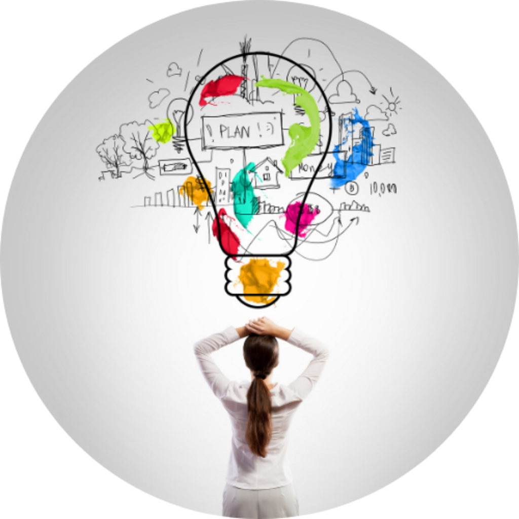 Back view of a woman with hands on her head, facing a large colorful lightbulb sketch filled with ideas and a 'PLAN' sign.