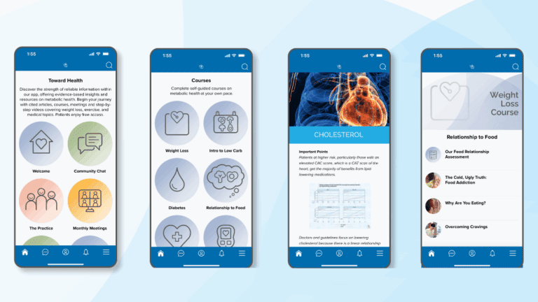 Toward Health app screens showing health resources, courses, and community support