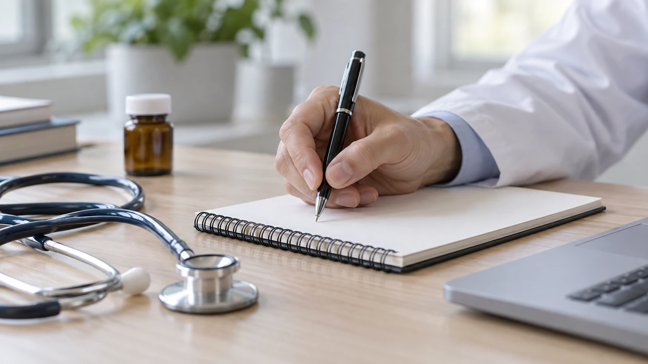 A hand holding a pen over a notebook beside a stethoscope.