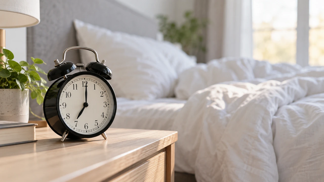 Black alarm clock beside a softly lit bed.