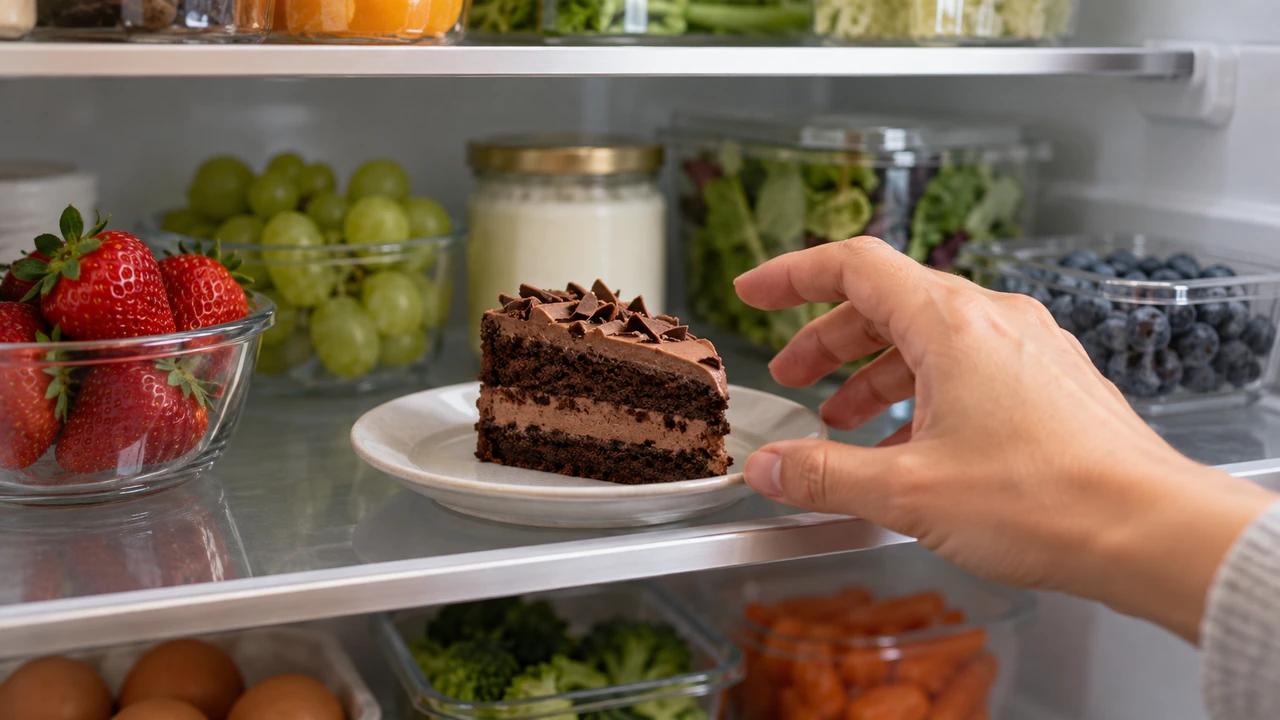 Managing Cravings The Moment After The F-Its Hit editorial image - Toward Health A hand pausing near a piece of cake in an open refrigerator.