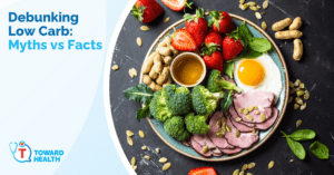 Banner with the title 'Debunking Low Carb: Myths vs Facts' beside a plate of eggs, broccoli, strawberries, ham, and nuts.