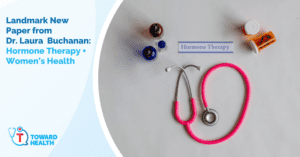 Announcement about a new paper on hormone therapy and women's health; medical tools and pills nearby.