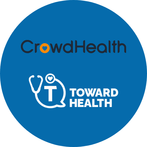 Blue circular graphic showing the CrowdHealth logo at the top and the Toward Health logo with a stethoscope and chat bubble at the bottom.