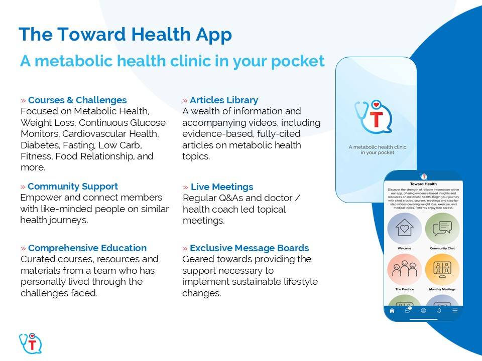 Infographic for The Toward Health App outlining features like Courses & Challenges, Library, Community Support, Live Meetings, Education, Message Boards, with two phone illustrations on the right.