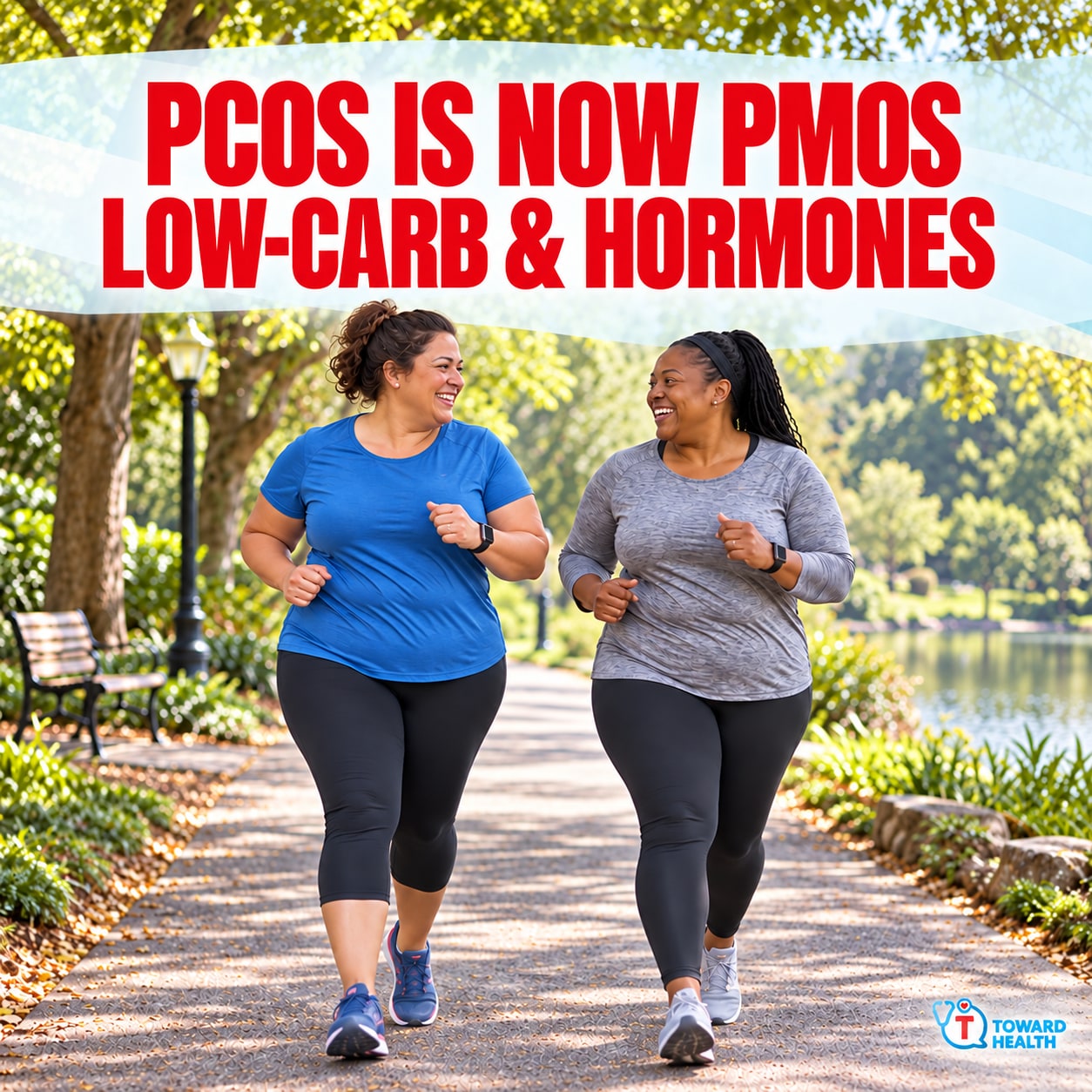pcos pmos low carb hormones - Toward Health Two women jogging together in a sunny park beneath a bold red banner that reads,'PCOS IS NOW PMOS LOW-CARB & HORMONES' with a Toward Health logo in the corner.