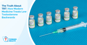 Banner about testosterone replacement therapy (TRT) with a row of testosterone vials and a syringe on a blue medical background that accompanies an article title on the left.