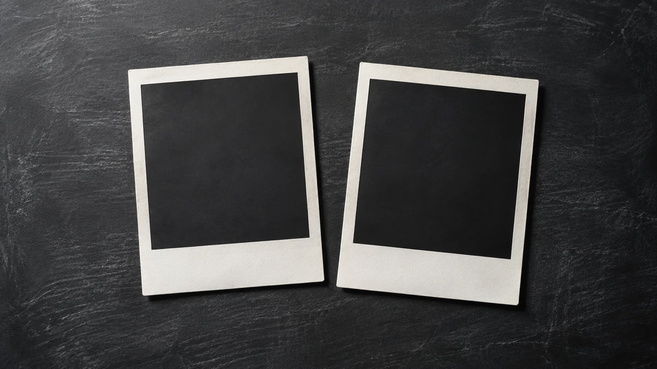 Two empty instant-photo frames on a dark surface.