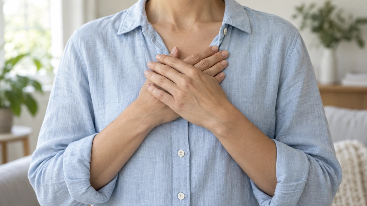 Hands resting gently over the chest in a gesture of self-compassion.