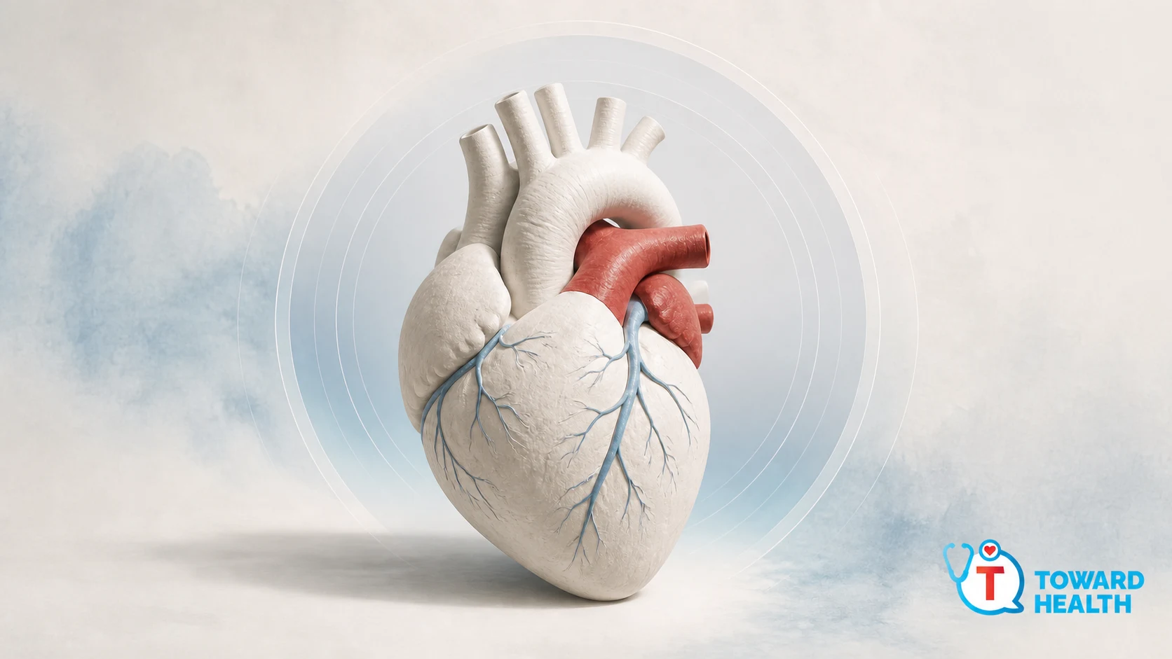 Illustration of a heart with blue coronary vessel lines and a scanning ring, with the Toward Health logo.