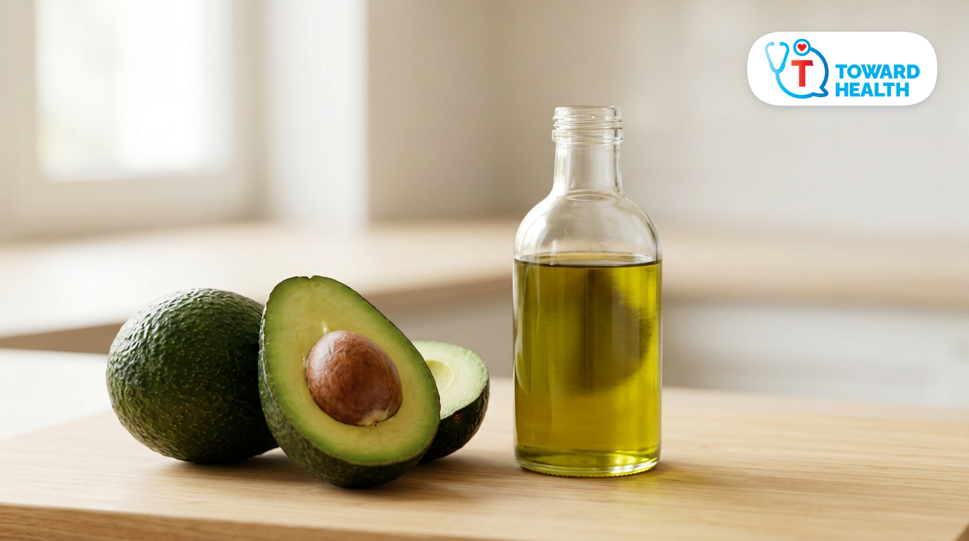 An avocado and its cut halves beside a plain glass bottle of oil on a light wood surface, with the Toward Health logo in the upper-right corner.