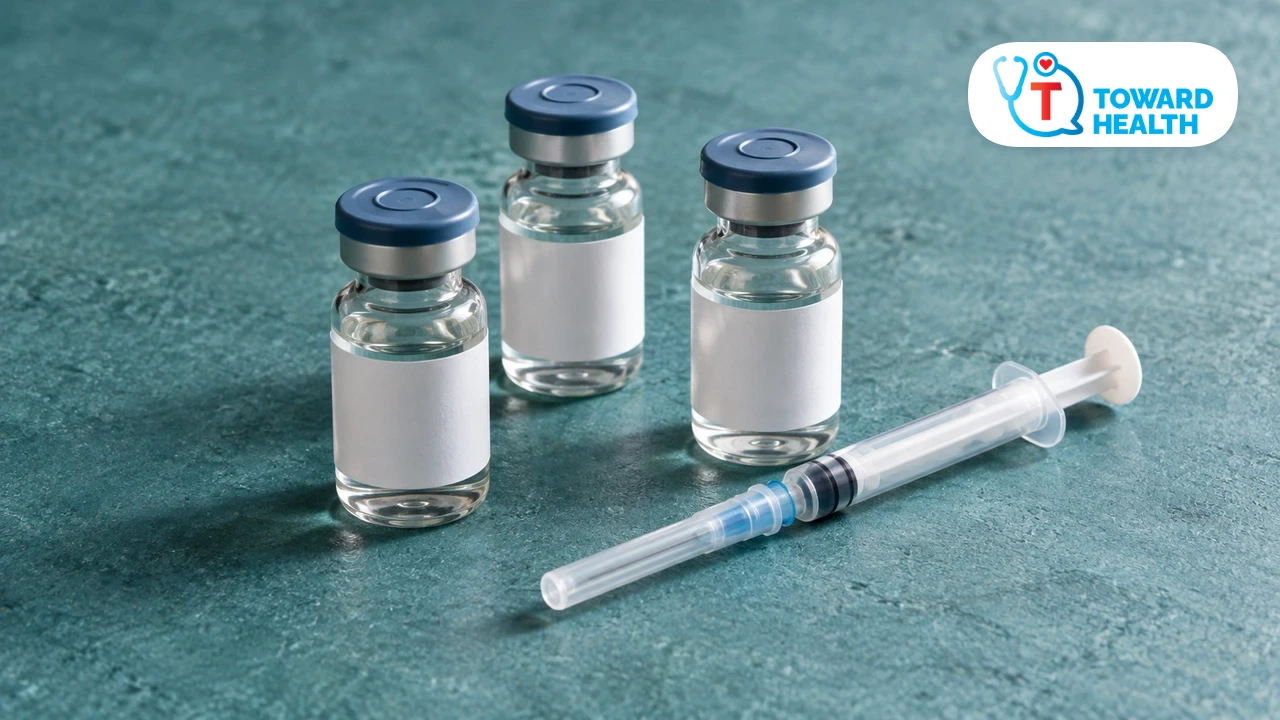 Unlabeled medicine vials and a capped syringe.