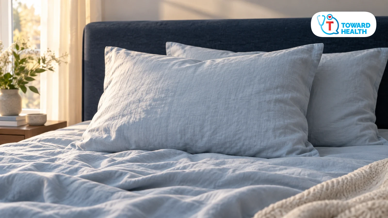 Pale blue linen pillows and bedding in soft morning light beside a navy headboard.