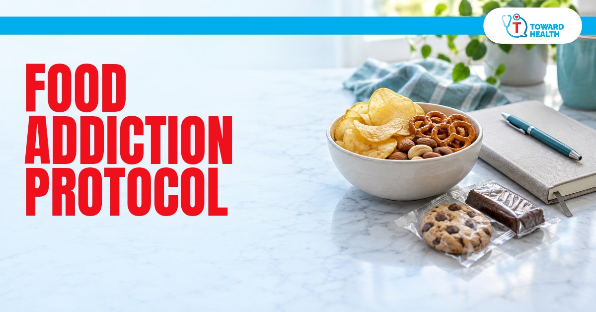 Food Addiction Protocol in red beside unbranded snacks and a reflection notebook, with Toward Health logo