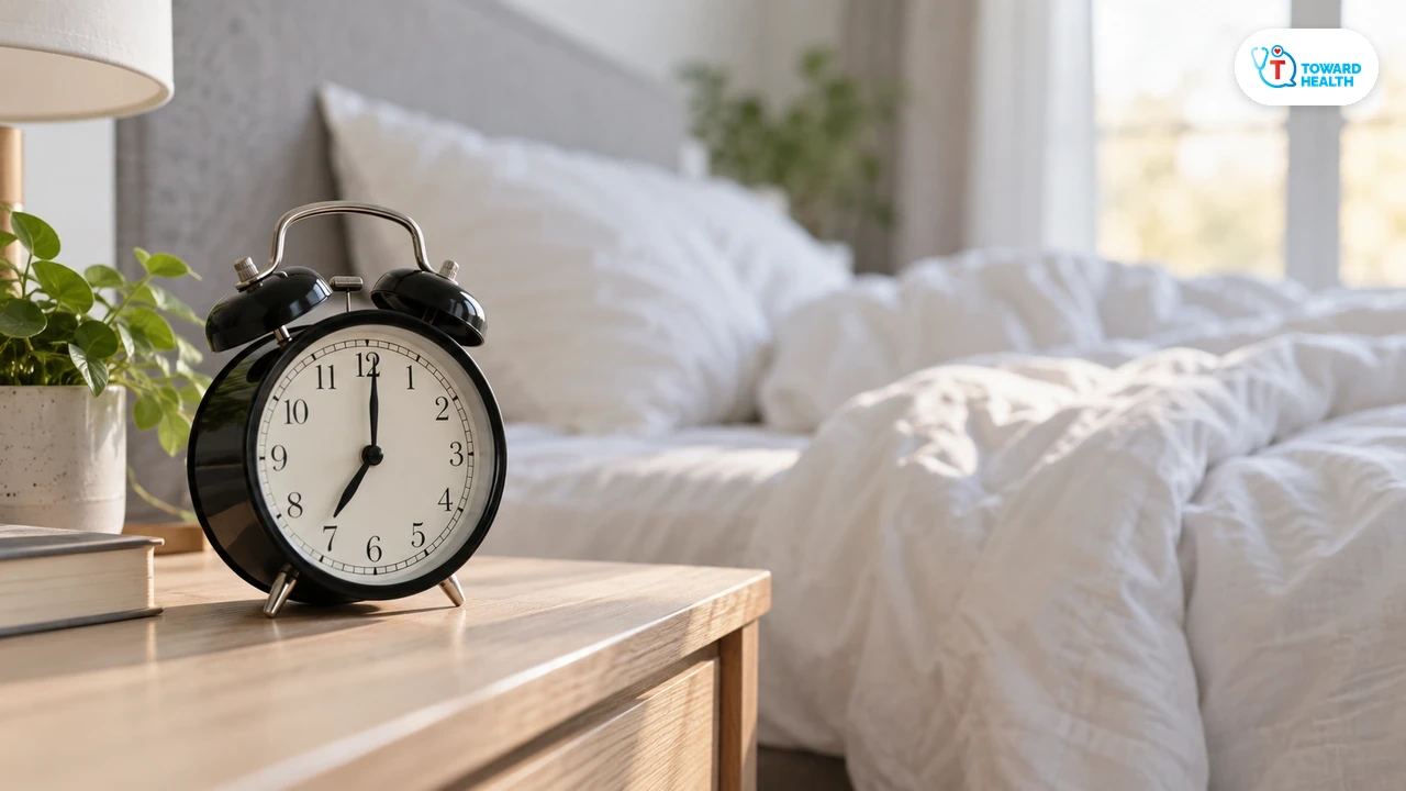 A bedside alarm clock and softly lit bed, with the Toward Health logo.