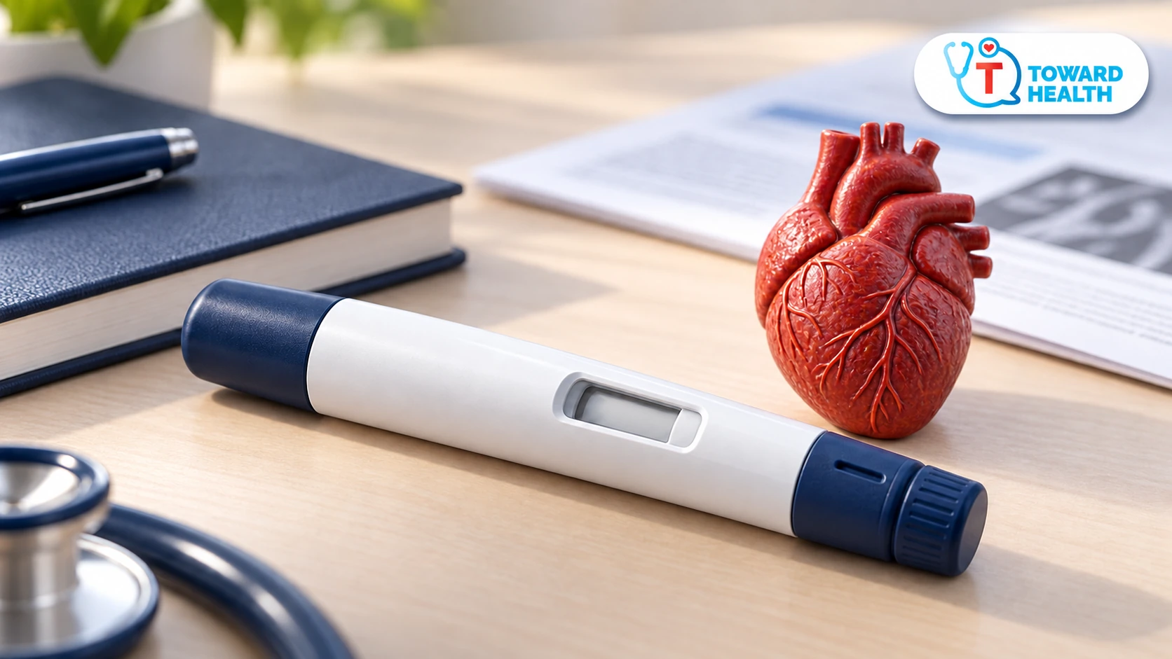 Illustrative injection pen beside an anatomical heart model and medical reading materials, with the Toward Health logo.