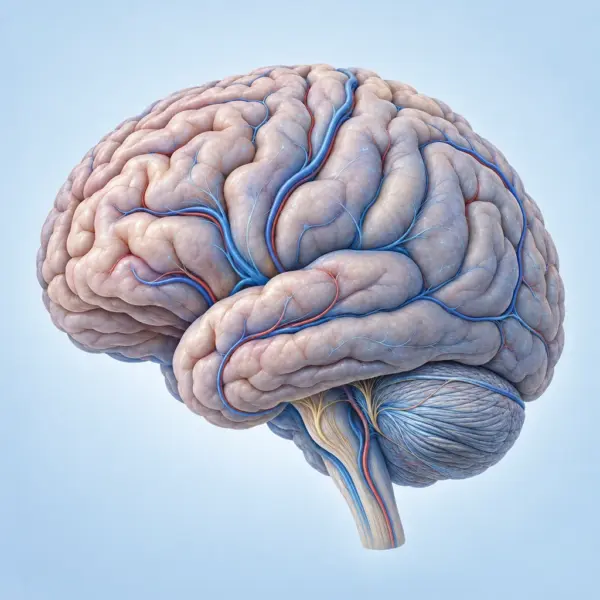 Anatomical illustration of the human brain with neural and vascular structures.