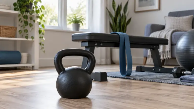 A kettlebell, resistance band and exercise bench in a home workout area.