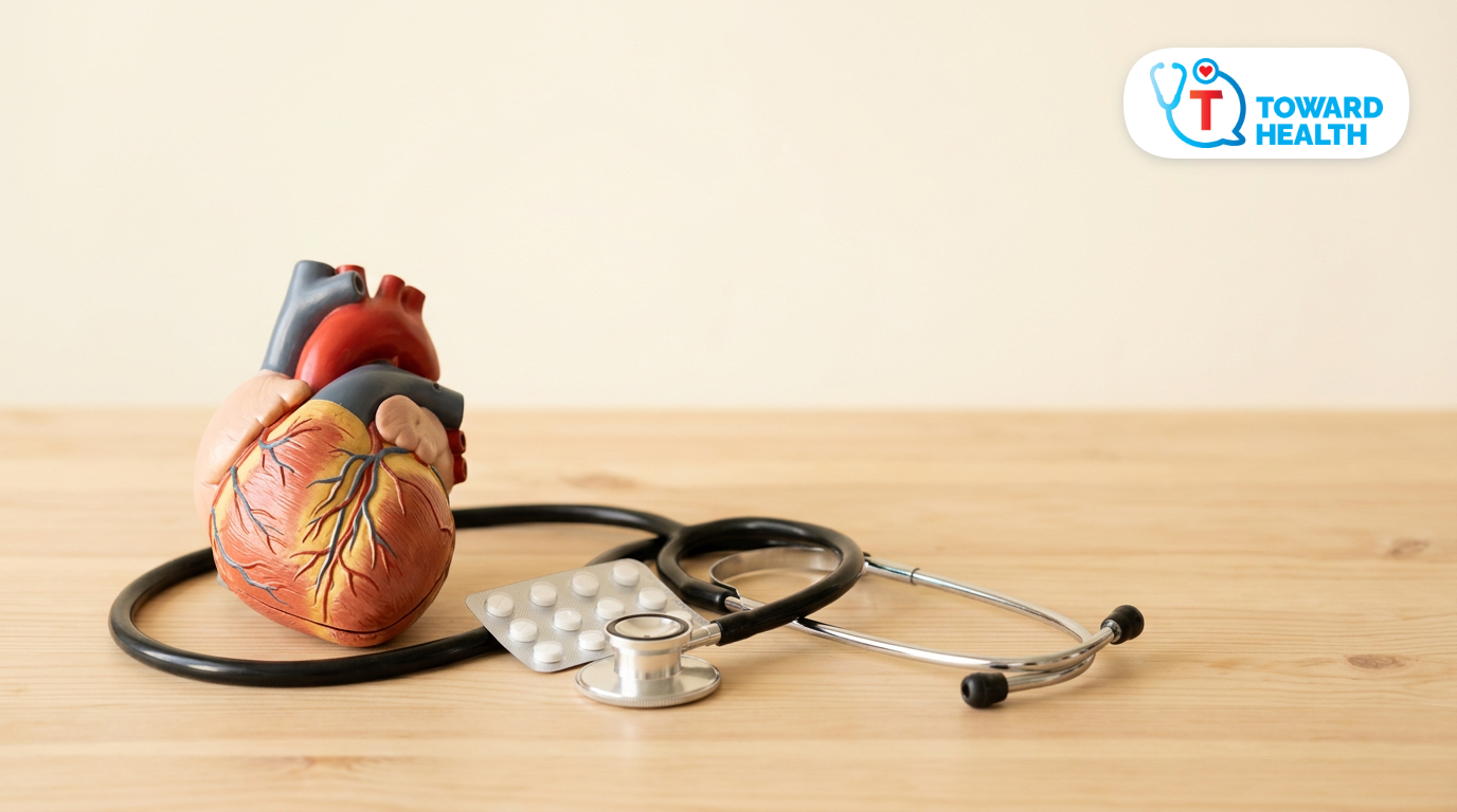 Anatomical heart model, stethoscope and medication with Toward Health branding