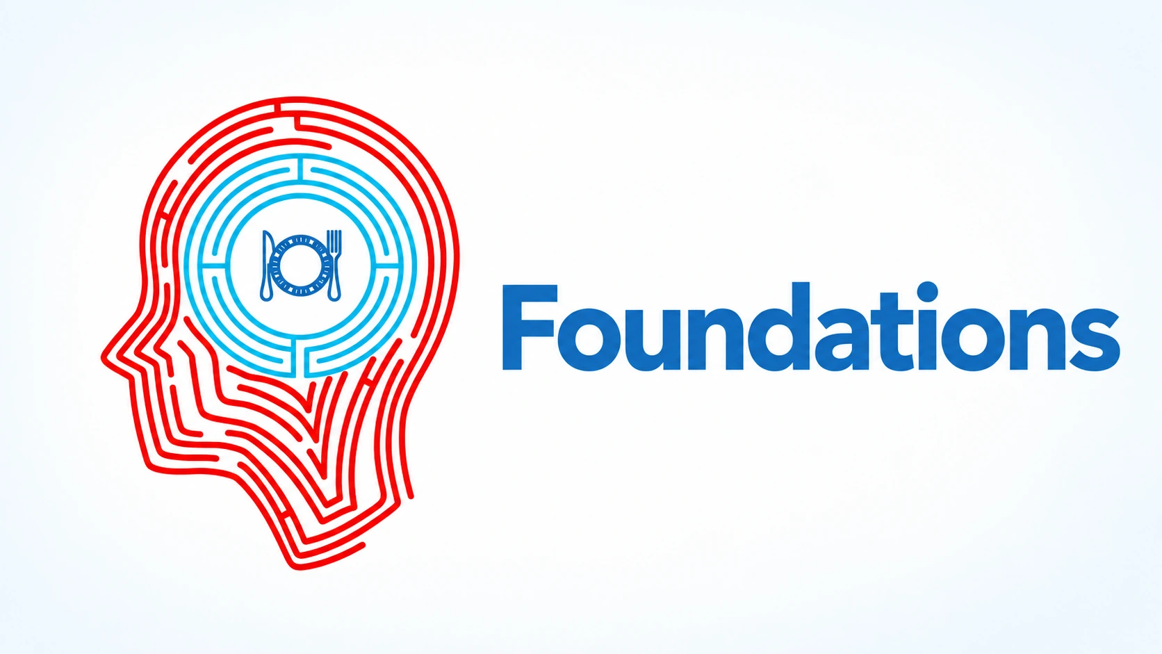 Foundations: red and blue head-shaped maze with a plate and utensils