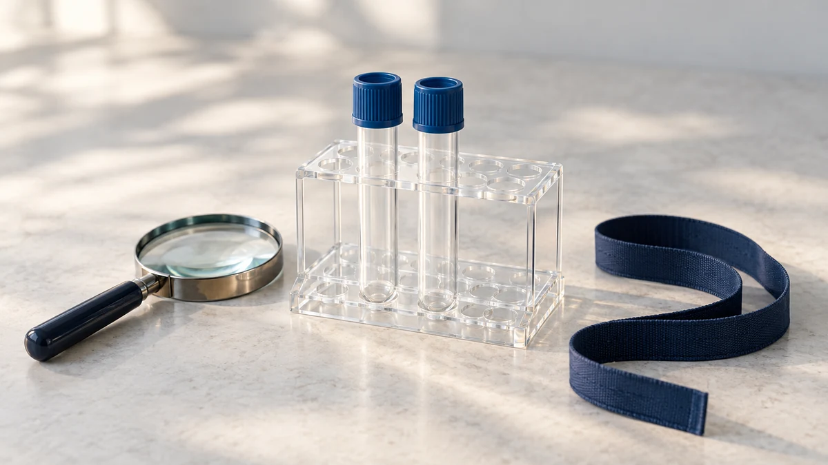 Two empty capped laboratory tubes in a clear rack beside a magnifying glass and folded navy fabric tape.