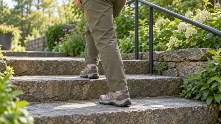 A person walking up outdoor steps, representing everyday mobility.