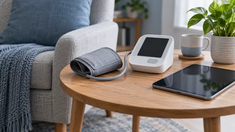A blood pressure monitor and tablet on a table at home.