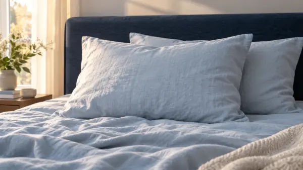 Pale blue linen pillows and bedding in soft morning light beside a navy headboard.