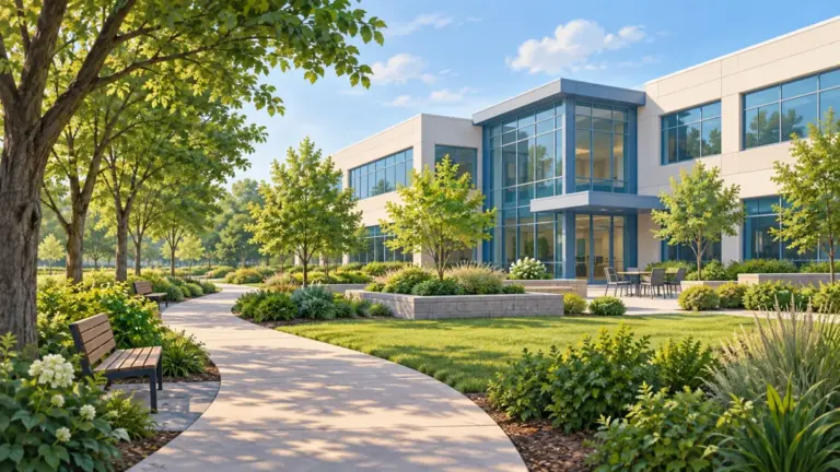 Illustration of an office building with a landscaped walking path.