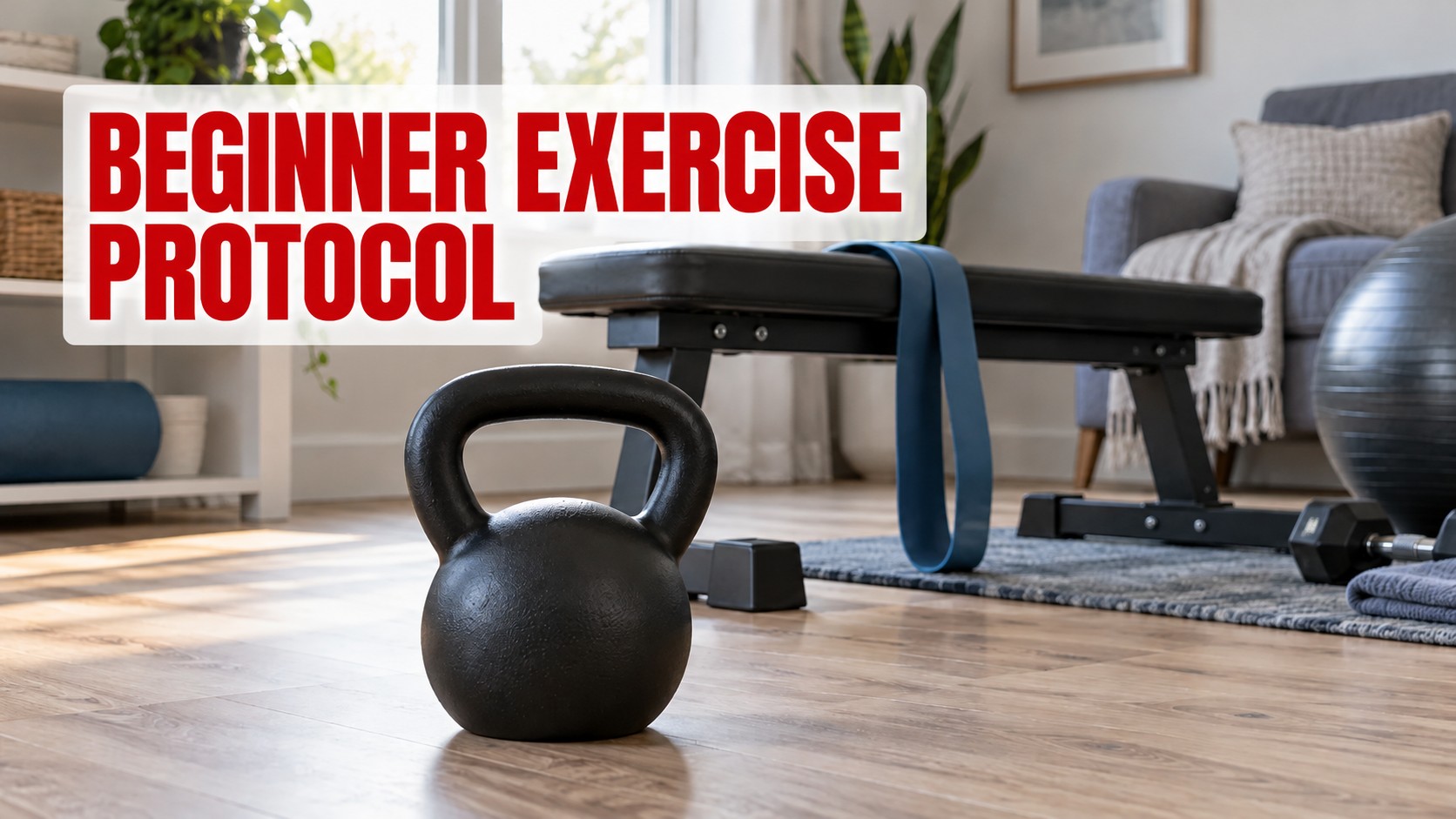 Beginner Exercise Protocol cover with red title over home workout equipment