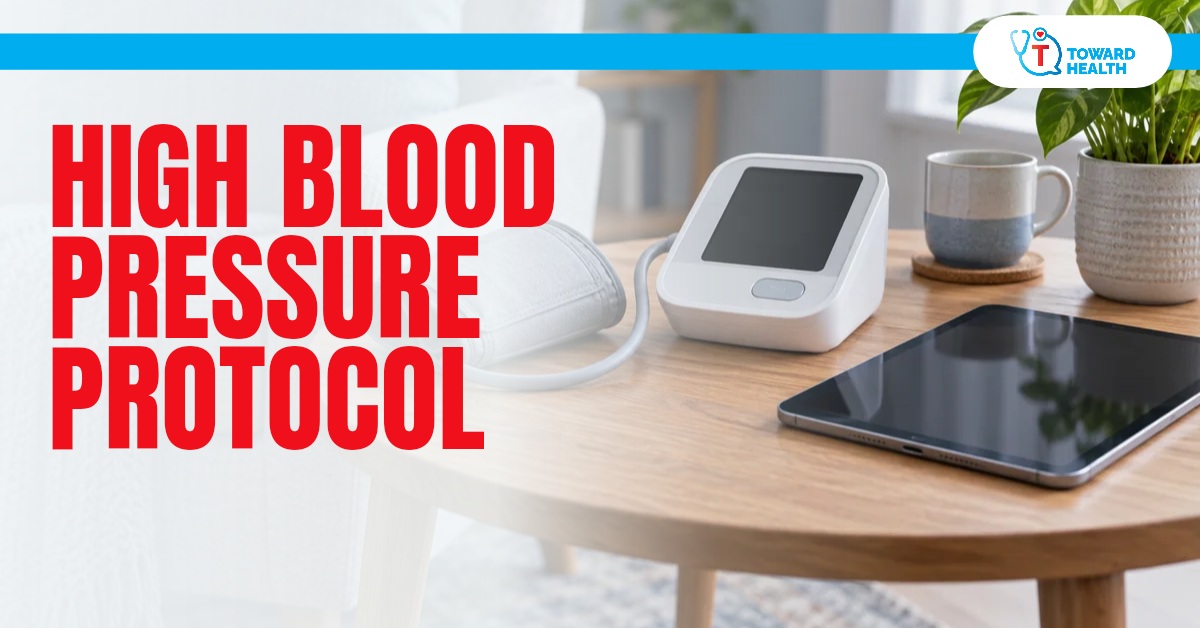 High Blood Pressure Protocol in iconic red beside a home blood-pressure cuff and monitor, with Toward Health logo