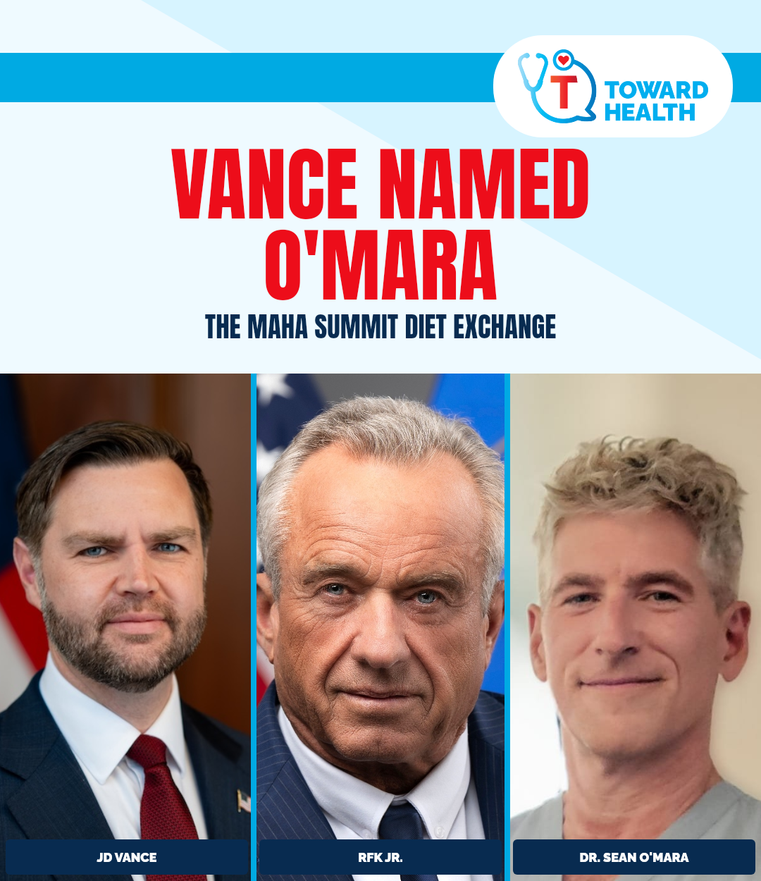 Editorial portraits of Vice President JD Vance, Robert F. Kennedy Jr., and Dr. Sean O’Mara.