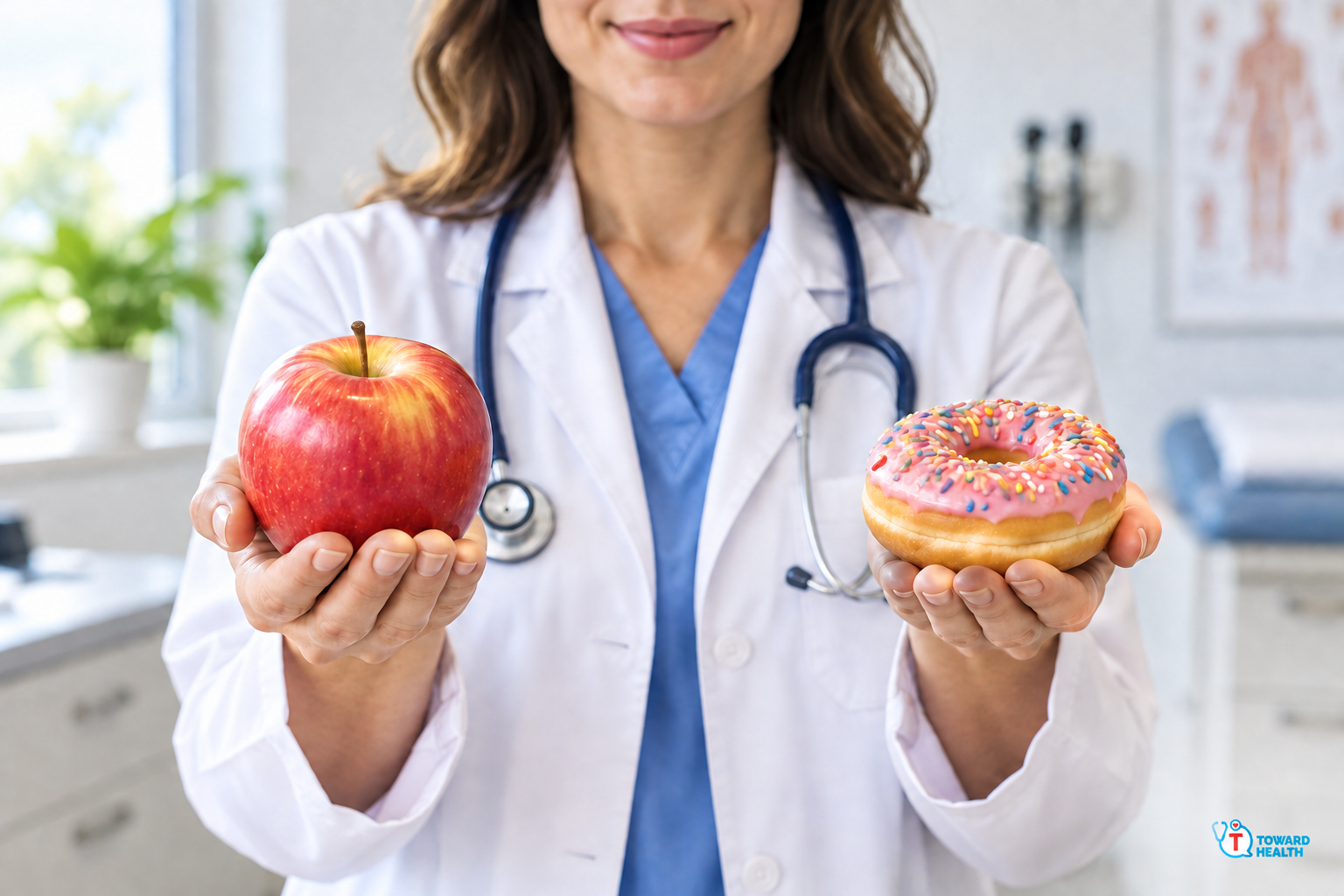 A female clinician holding an apple and an iced doughnut.
