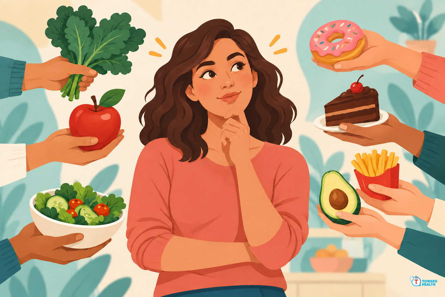 Illustration of a woman surrounded by hands offering fruit, vegetables and desserts.