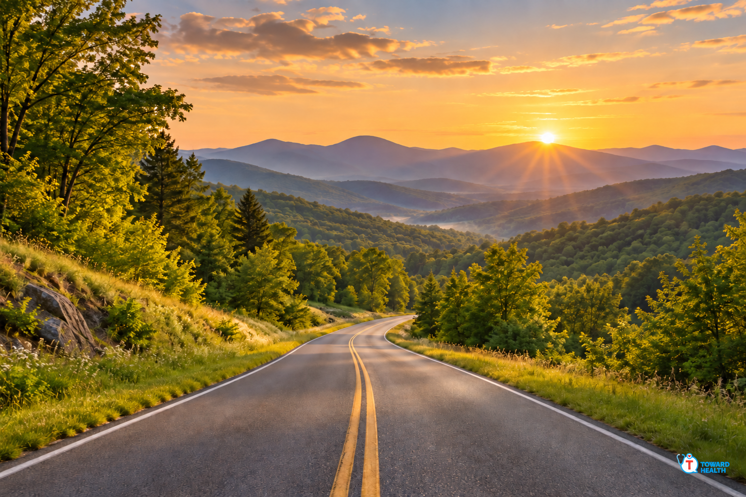 A quiet road winding through green hills and forest at golden hour.