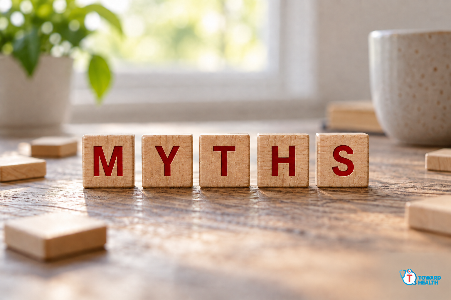 MYTHS wooden tiles original Toward Health image - Toward Health Wooden tiles spelling MYTHS in red on a wooden surface.