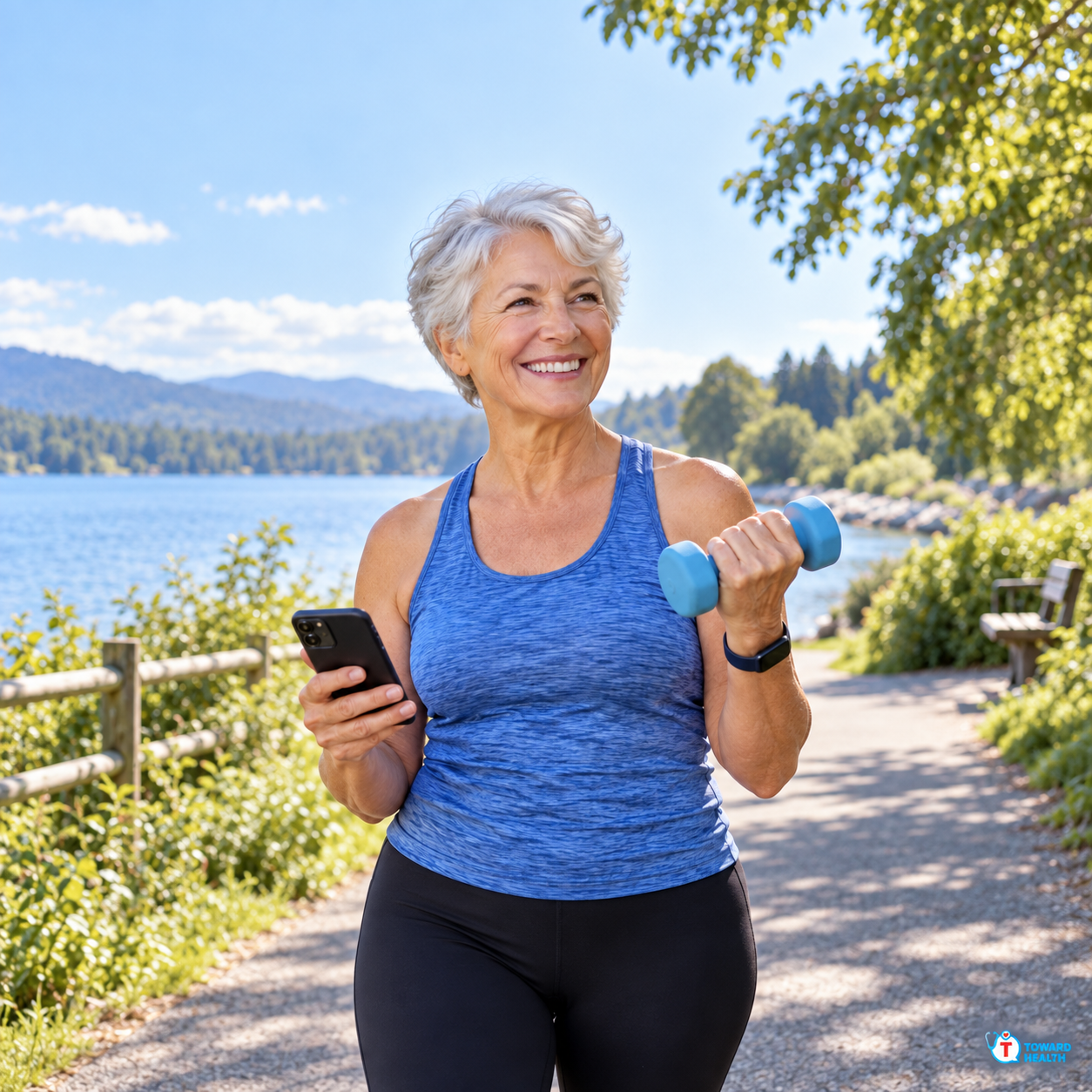 A smiling older woman holding a phone and light dumbbell beside a park path.