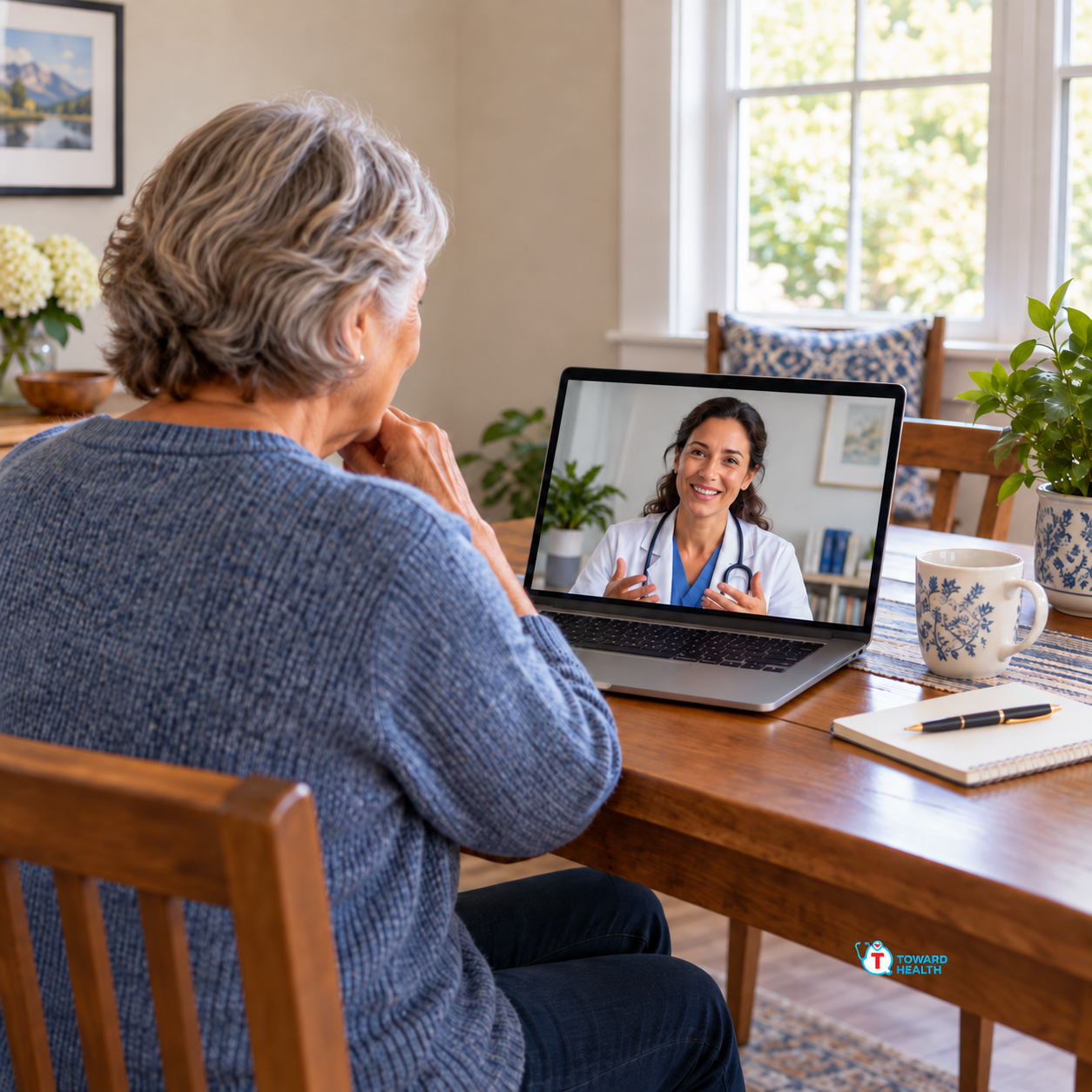 An older woman speaking with a female clinician on a laptop at home.