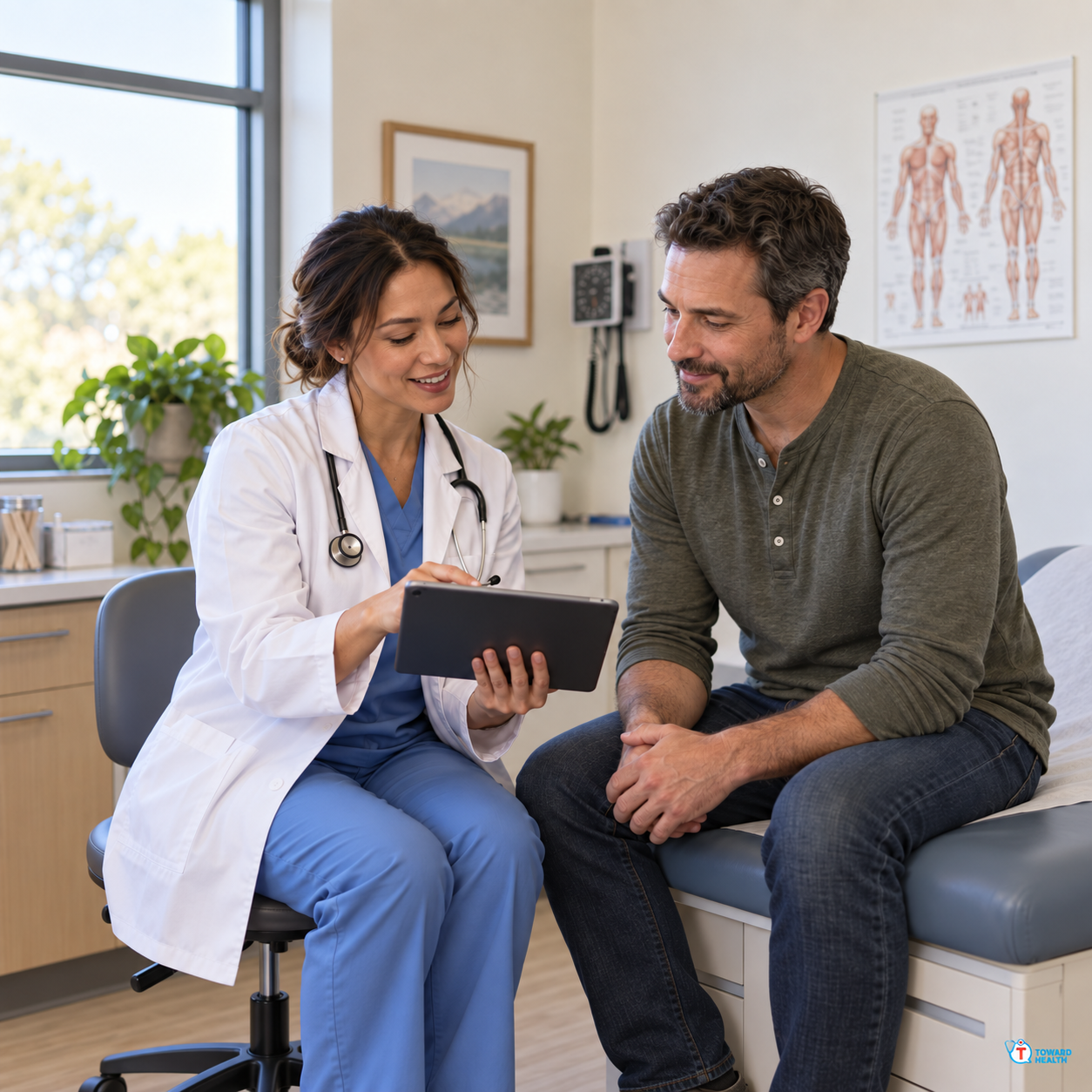 A female doctor and male patient discussing a tablet in an examination room.
