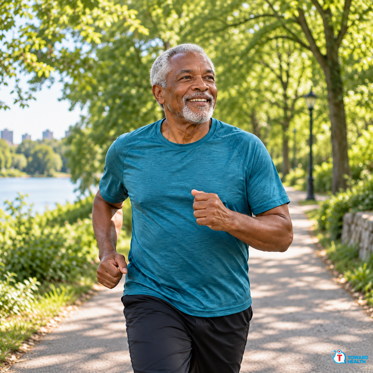 Smiling older man in a teal shirt jogging on a leafy park path.