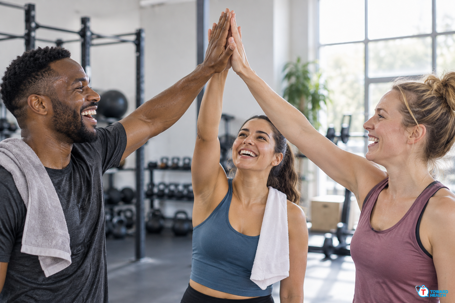 Three adults sharing a high-five after a workout in a bright gym.