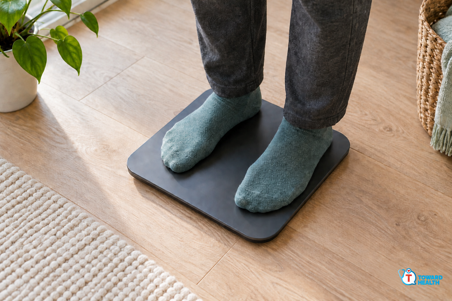 Feet in teal socks on a dark bathroom scale on a light wood floor.