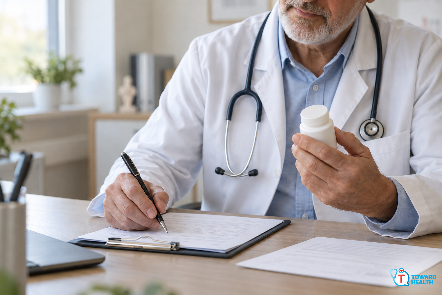 Doctor reviewing a medicine bottle while writing on a clipboard.